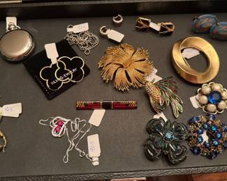 vintage brooches, pocket watch, cuff links