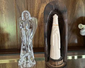 Waterford Crystal Praying Angel, $24,  Mother Mary in wood grotto, $6