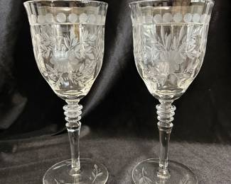 Set of 10, Vtg etched Rock Sharpe Spode cut glass wine/water glasses, $40 $