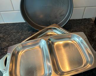 Round Cake pan, $5.  Silver serving dish w/ tray,  $5