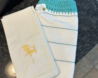 New kitchen towels, pair of Pottery Barn Adirondack chair towels, $5. Crocheted towel,  $3