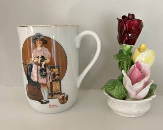 Norman Rockwell mug and ceramic floral decor,  $5 each