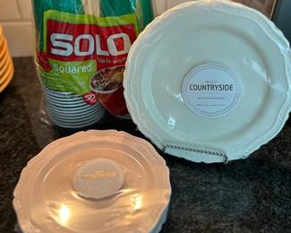 Solo green cups,  $3.  Countryside dinner plates $5.  Countryside dessert plates, $4