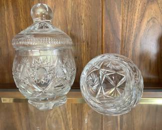 Bohemian cut glass candy jar w/ lid,  $8, Bohemian clear sphere ash tray, $8