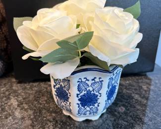 White Rose floral in Blue & white porcelain container,  Approx 8"H,  $14