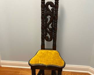 Vtg Spanish Jacobean-style hall or prayer chair, 4'H x 15" x 15",  $115
