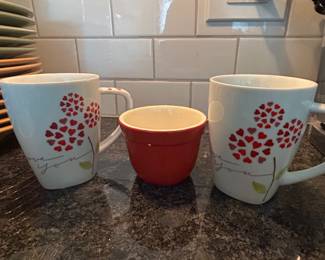 Pair of I Love You coffee mugs,  $4.  1 red ramekin,  $3