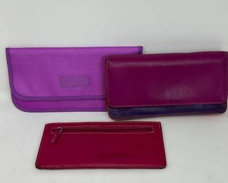 Purple nylon wallet sleeve, $2, Fushia/purple wallet,  $5, Red wallet, coin,  $4