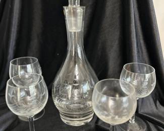 Vtg crystal ship decanter (14.5"H) and ship wine glasses (12), $50