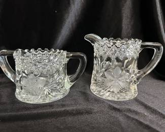 Vtg etched glass creamer & sugar,  $10