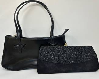 )Black handbag with bows,  $12/SOLD).  Formal beaded black clutch, $10