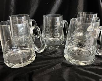 Set of 5 ship etched crystal mugs,  $25