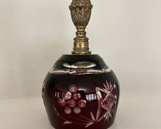 Vtg Ruby Red art glass crystal bell with brass handle (Poland), 6"H, $28