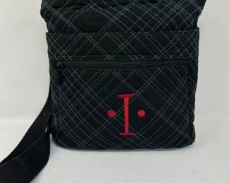 Black crossbody with red embroidered monogram,  $12