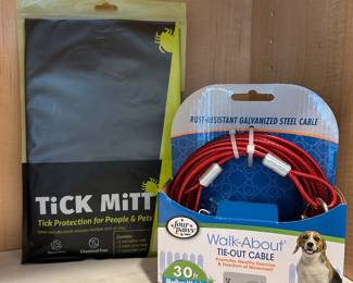 Dog Tick Mitt,  $7.  Dog tie-out cable, $10