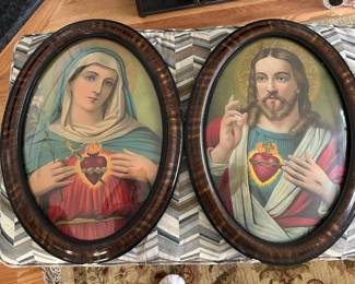 Large Vtg Immaculate Heart of  Mary & Sacred Heart of Jesus, Framed prints, 22.5"H x 16.5"W, $65