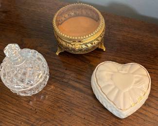 Vtg small glass ring trinket,  $7.  Gold glass top trinket box, $7, Belleek Claddagh trinket box, $12 