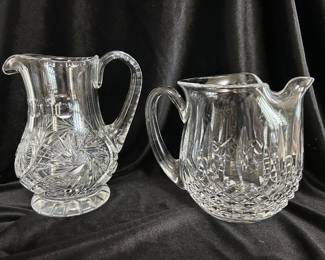 Pinwheel  star crystal pitcher, 7"H, $20.  Waterford crystal Lismore pitcher w/ice lip, $40