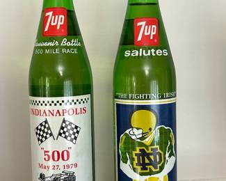 Vtg Indy 500 and Notre Dame 7up bottles, $8 each