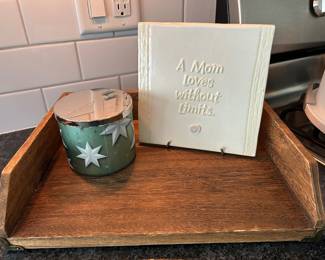 A mom Loves Without Limits ceramic sign, 7" x 7",  $8.  Wood box tray,  $10