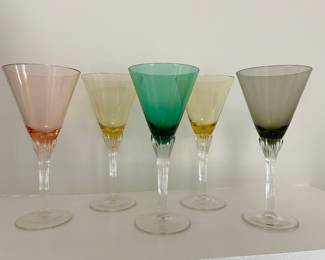 Set of 5 multi-color wine glasses,  $15