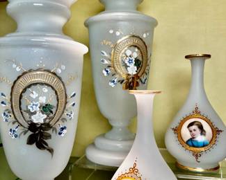 Pair of vintage Bristol hand-painted vases, pair of opalite portrait vases