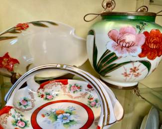 Antique 'Gone With the Wind" hand painted oil lamp base (converted to vase), Noritake Japanese hand painted bowl, Japanese porcelain basket