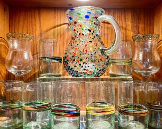 Hand blown glass beverage set- pitcher, 8 tumblers, pair of hurricane glasses