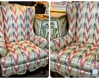 Pair of custom upholstered Hugo wingback chairs and ottoman