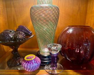 "Purple Haze" Art Glass Vases, Compote, Fruit, & Candle Stick Holder Collection