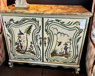 Vintage handpainted Asian inspired two door bar cabinet on wheels 