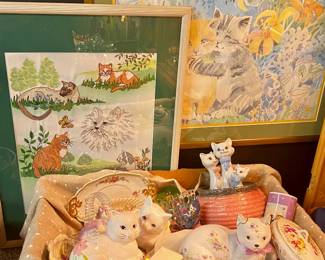 Cat Fancy lot featuring 2 framed prints and a basket of ceramic figurines and more