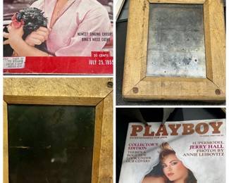 Vintage 1955 Life magazine, vintage 1985 Playboy magazine, antique photo holders, and frames