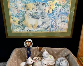 Cat Fancy- lot of porcelain cat figurines, framed print and more! 