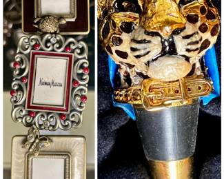 Jay Strongwater crystal & enamel wine stopper, 3 miniature picture frames/pins