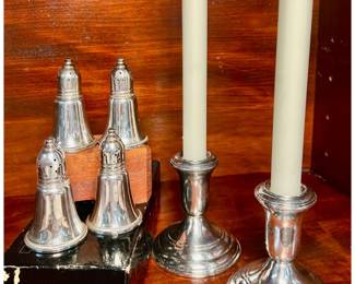Vintage Weighted Sterling Silver Pieces- Set of 4 Dunchin Creations Salt and Pepper Shakers w/Orig. Box, Pair of Candle Stick Holders