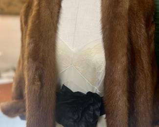 Vintage fur waist, jacket, silk camisole, silk flower belt