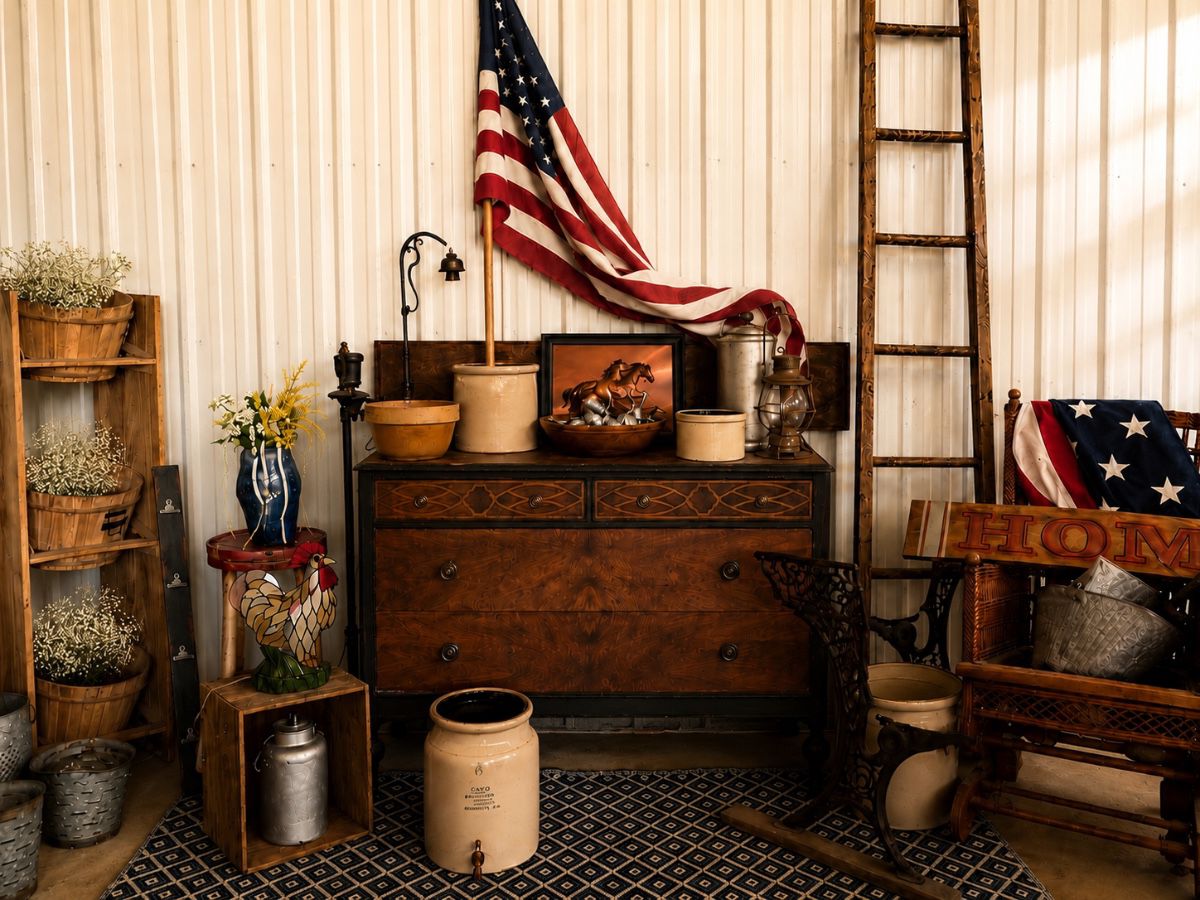     Rustic farmhouse furniture, antique crocks, Americana, and vintage treasures.