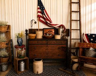 Rustic farmhouse furniture, antique crocks, Americana, and vintage treasures.