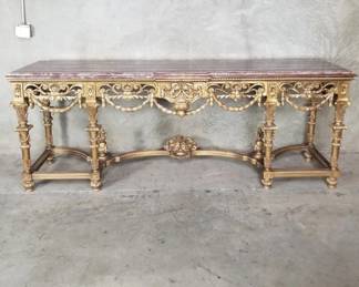 022 Lot 716 French Louis XVIstyle giltwood console table with marble top