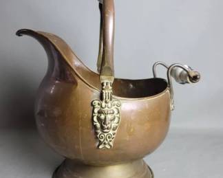 Lot # : 223 - Vintage copper and brass coal scuttle with blue and white handles