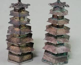 Lot # : 46 - Pair of vintage silver pagoda salt and pepper shakers.