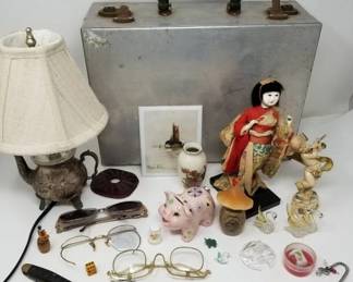 Lot # : 355 - Box of miscellaneous silver plate items; teapot lamp, aluminum briefcase, geisha doll, etc.