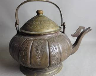 Lot # : 222 - Antique Asian brass teapot with engraved geometric motifs
