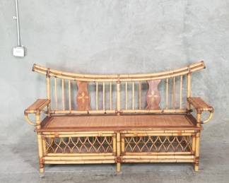 086 Lot 720 Asianstyle bamboo, wood, and rattan bench sofa