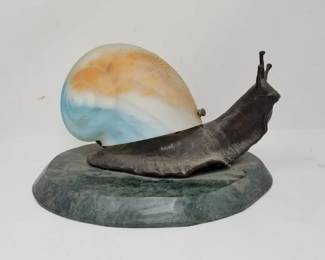 175 Lot 378 Vintage bronze snail lamp with glass shade and marble base