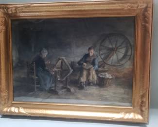024 Lot 121 Jacob Simon Hendrik Kever signed watercolor, Interior with Women Spooling Yarn