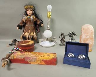 Lot # : 345 - Welded nuts and bolts crafted figures, chrome baoding balls, milk glass table lamp etc.
