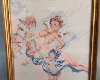 142 Lot 146 Murray Silsby signed watercolor on fabric depicting angels
