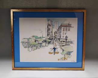 155 Lot 254 Signed urban street charcoal and watercolor sketch